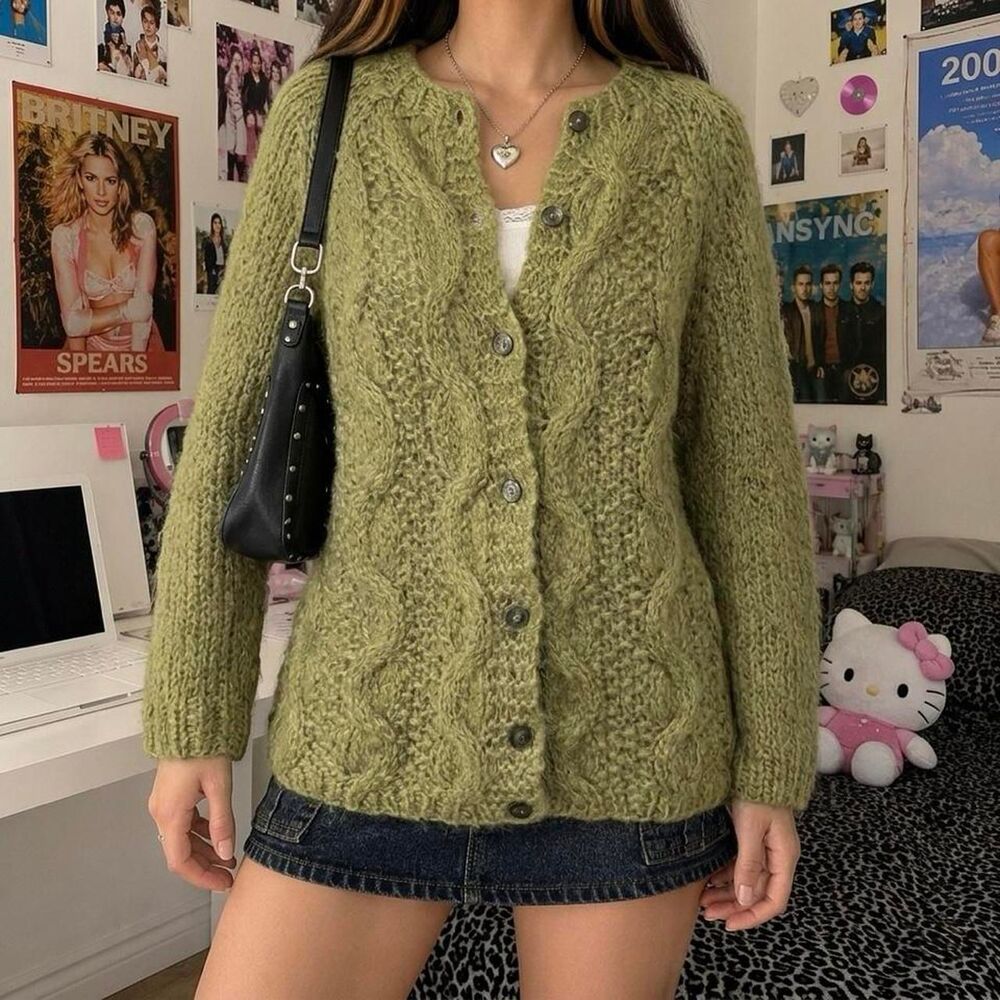 Vintage Green Bellissima Italian Mohair Wool Cable Knit Cardigan Slouchy Size 38